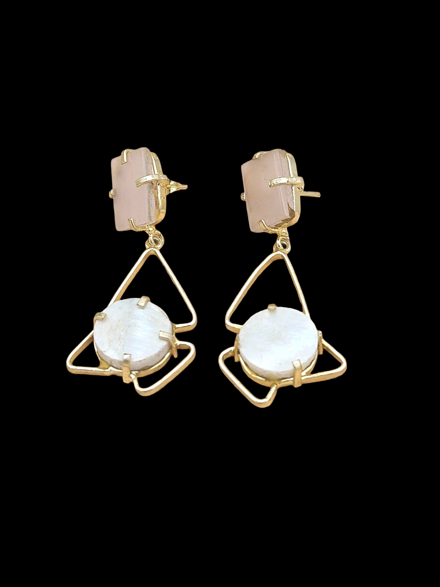 Gold Plated Rose Quartz-MOP Geometrical Earrings – Handmade Prong Designer Dangle Jewelry