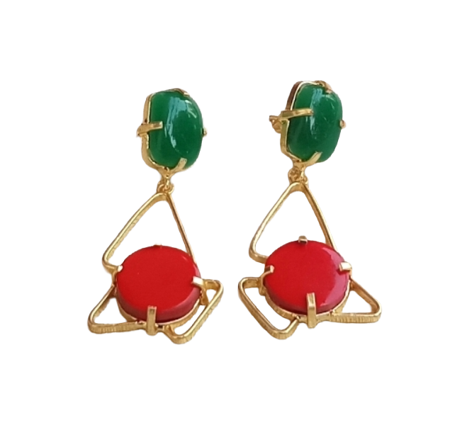 Gold Plated Green Onyx-Coral Geometrical Earrings – Handmade Prong Designer Dangle Jewelry