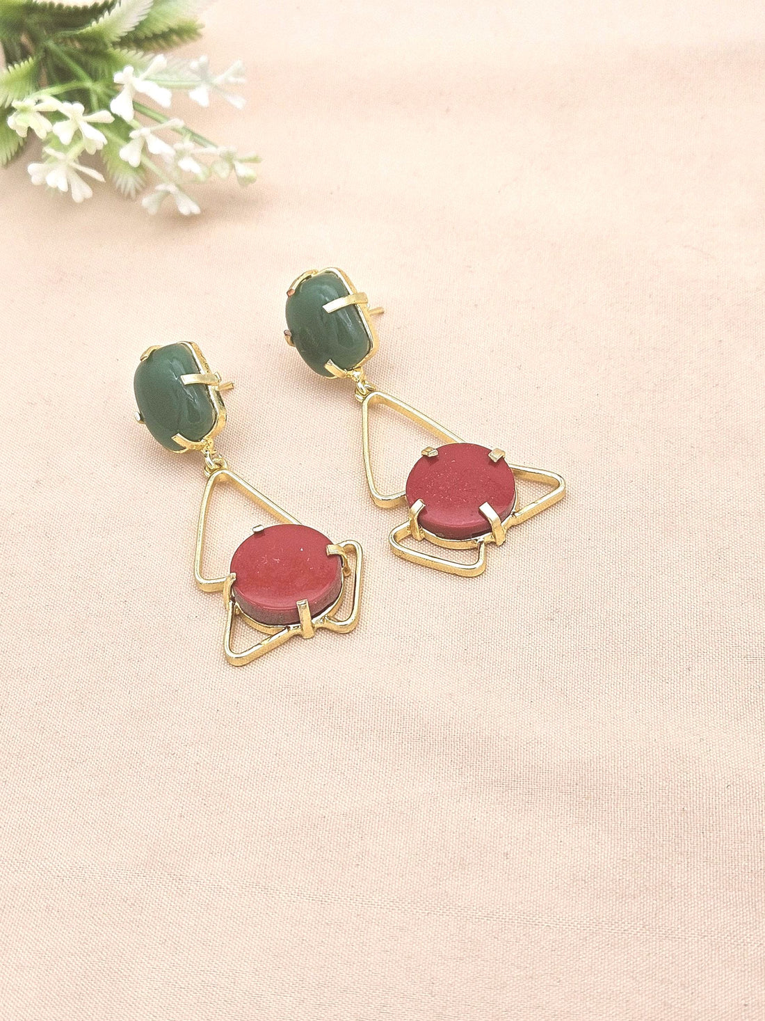 Gold Plated Green Onyx-Coral Geometrical Earrings – Handmade Prong Designer Dangle Jewelry