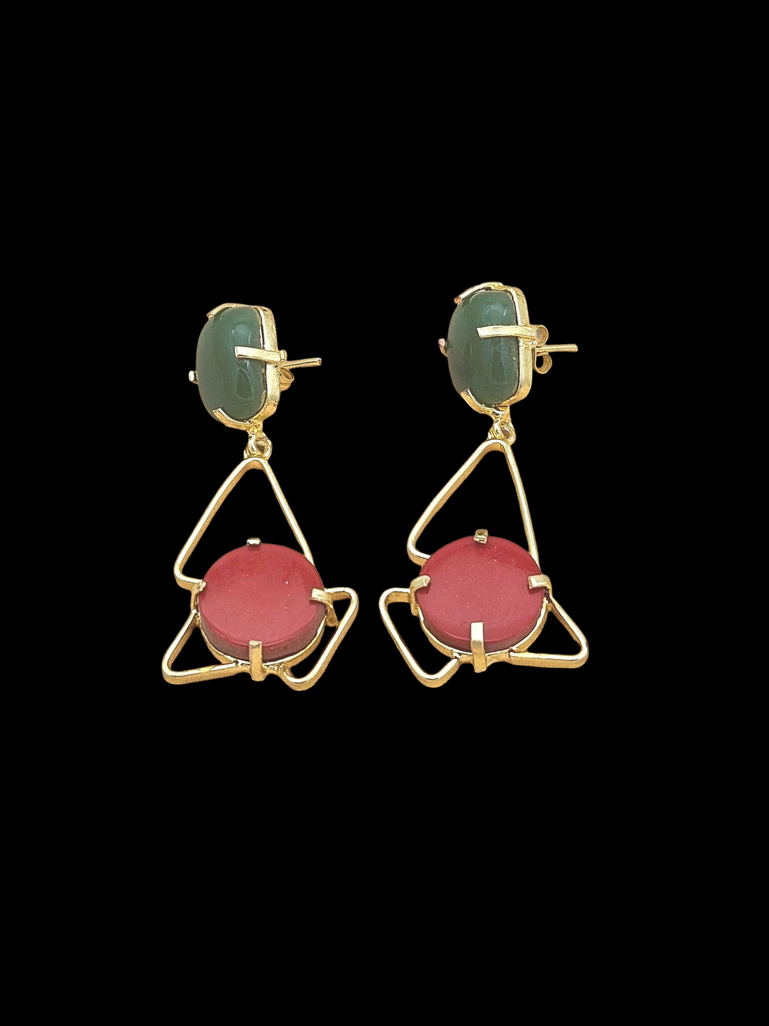 Gold Plated Green Onyx-Coral Geometrical Earrings – Handmade Prong Designer Dangle Jewelry