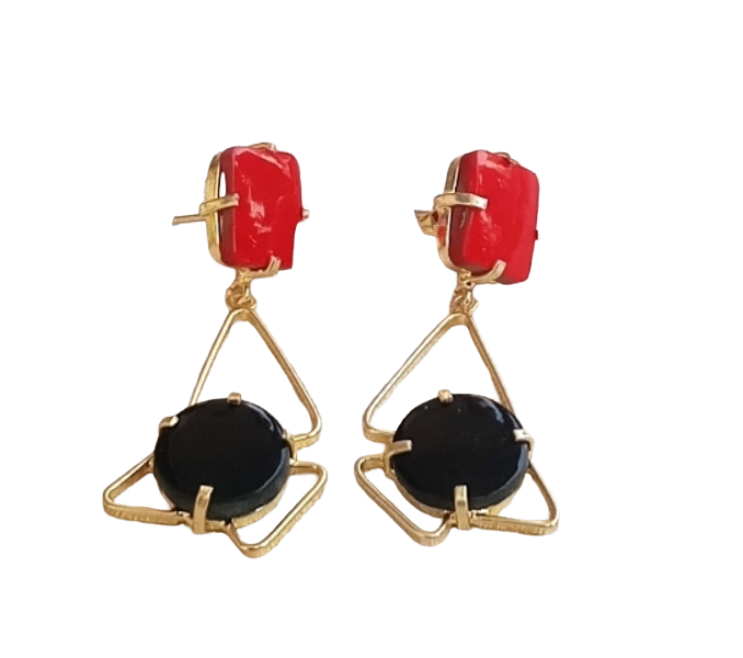 Gold Plated Coral-Black Onyx Geometrical Earrings – Handmade Prong Designer Dangle Jewelry
