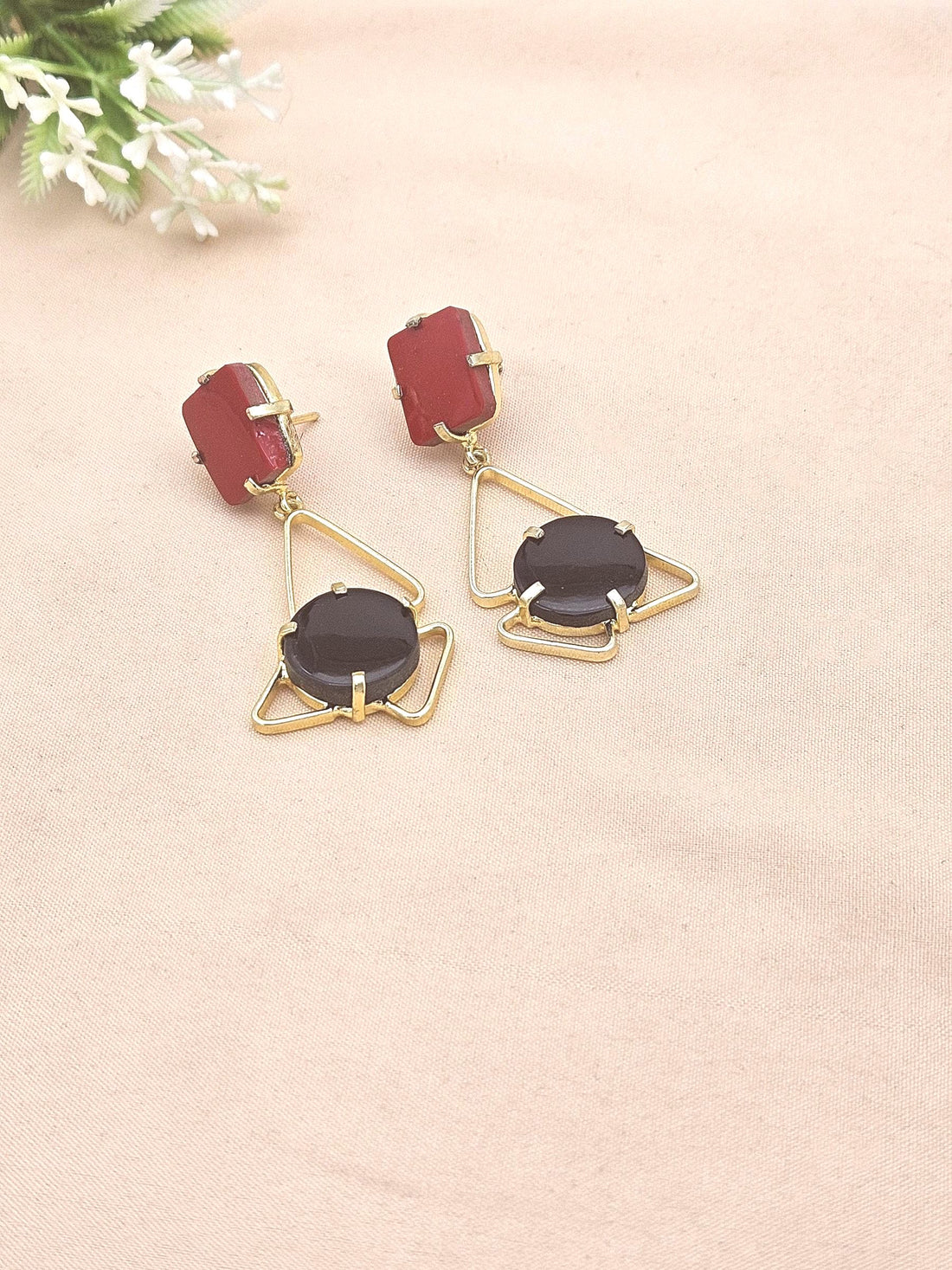 Gold Plated Coral-Black Onyx Geometrical Earrings – Handmade Prong Designer Dangle Jewelry