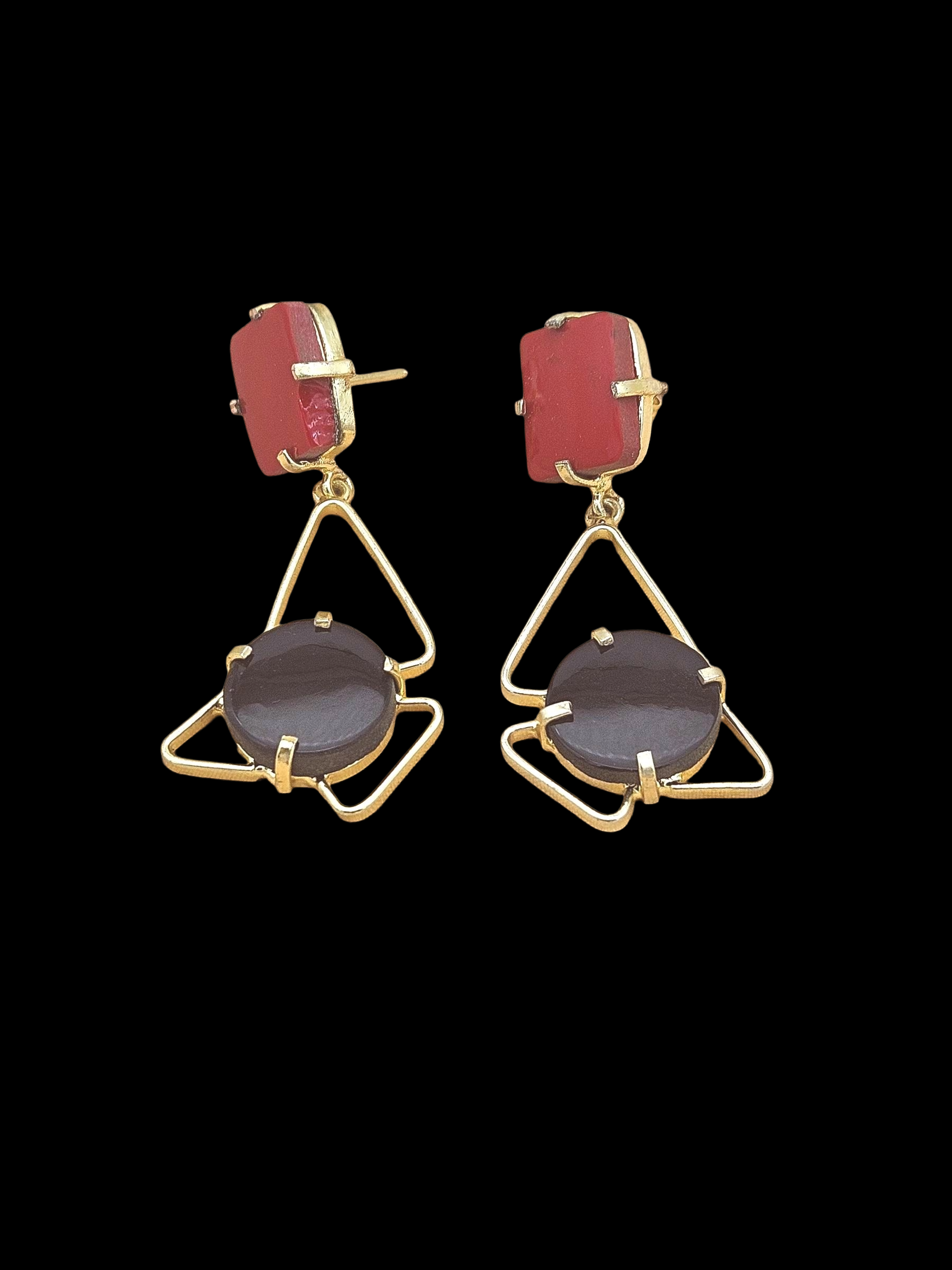 Gold Plated Coral-Black Onyx Geometrical Earrings – Handmade Prong Designer Dangle Jewelry