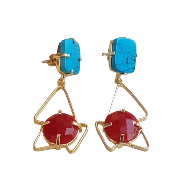 Handcrafted Gold Plated Turquoise-Red Onyx Geometric Prong Earrings – Elegant Designer Jewelry for Women