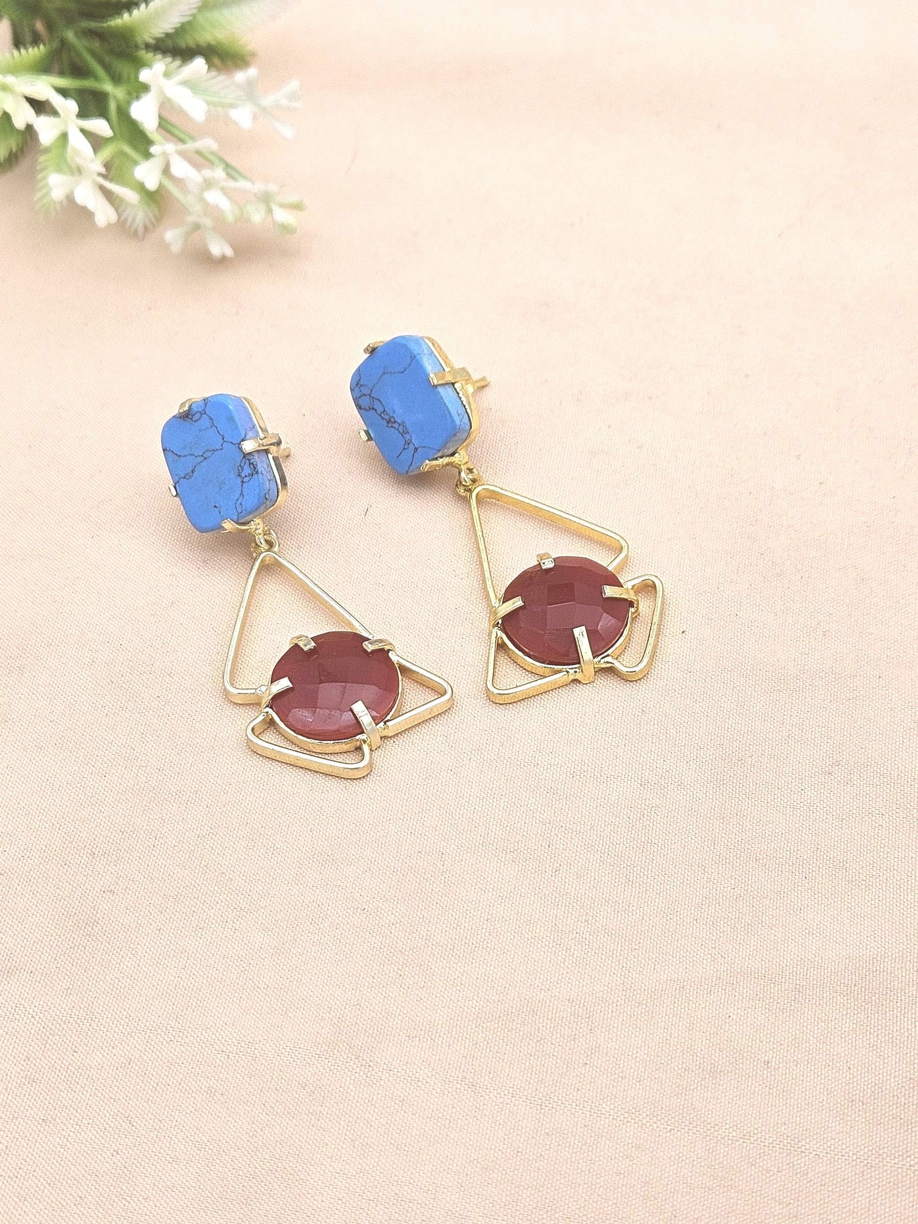 Handcrafted Gold Plated Turquoise-Red Onyx Geometric Prong Earrings – Elegant Designer Jewelry for Women