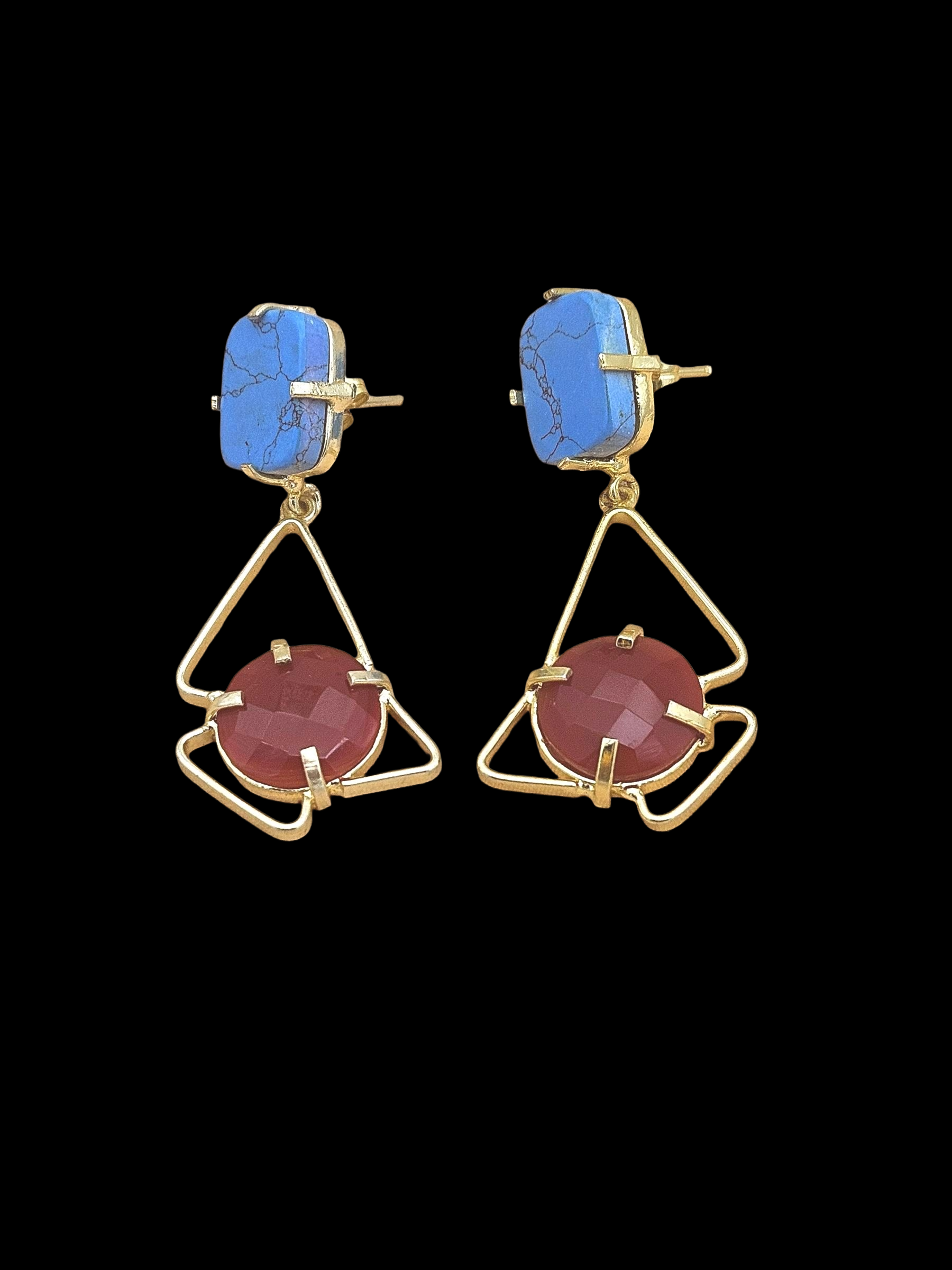 Handcrafted Gold Plated Turquoise-Red Onyx Geometric Prong Earrings – Elegant Designer Jewelry for Women
