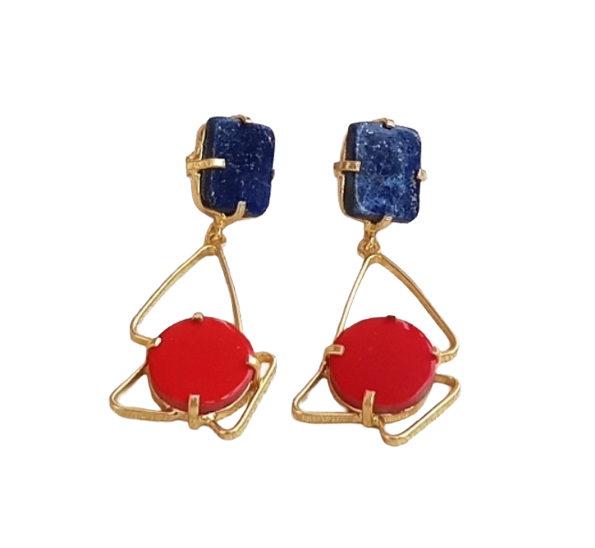 Handcrafted Gold Plated Lapis-Coral Geometric Prong Earrings – Elegant Designer Jewelry for Women