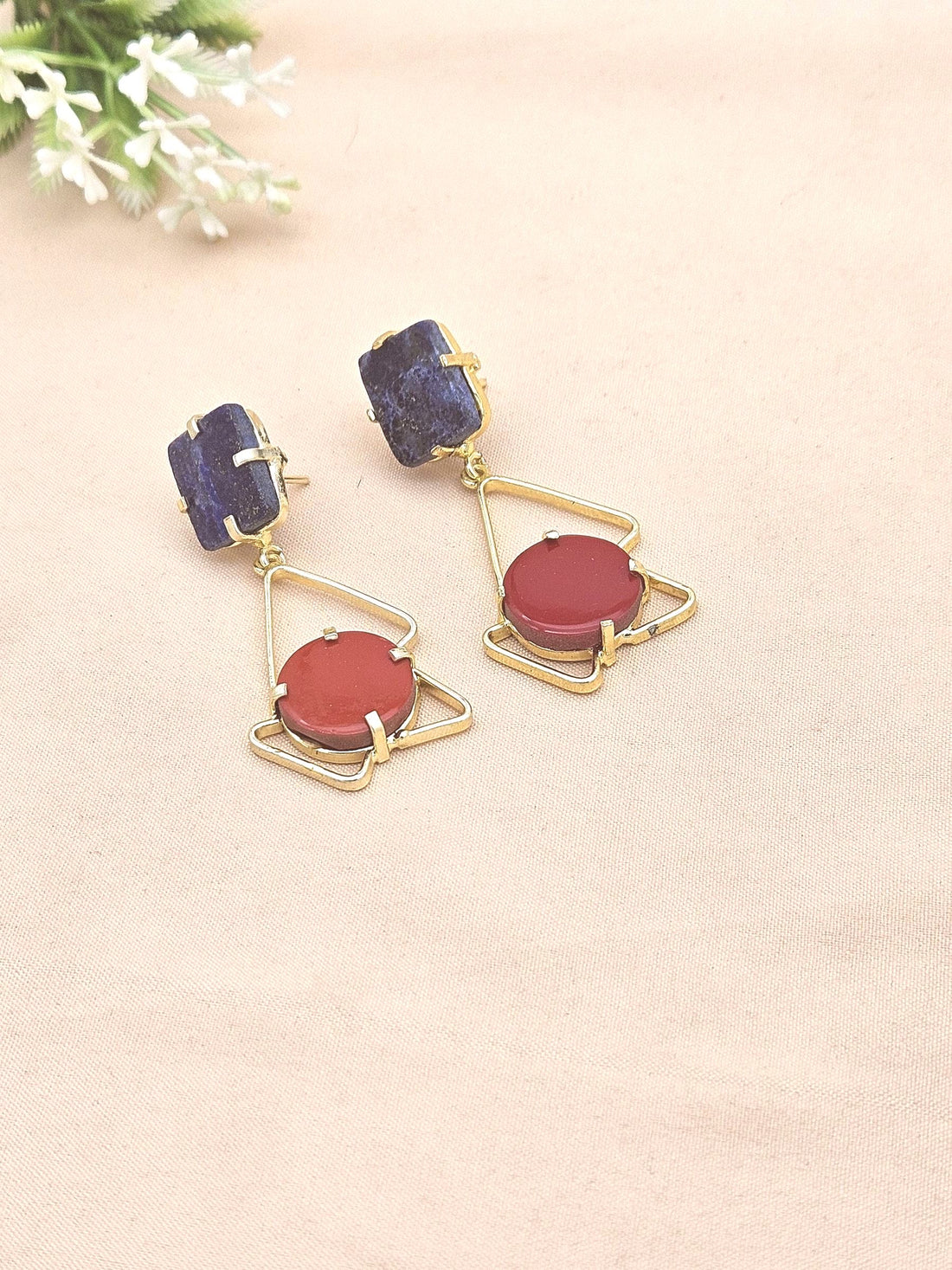 Handcrafted Gold Plated Lapis-Coral Geometric Prong Earrings – Elegant Designer Jewelry for Women