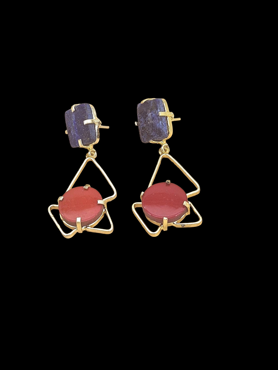 Handcrafted Gold Plated Lapis-Coral Geometric Prong Earrings – Elegant Designer Jewelry for Women