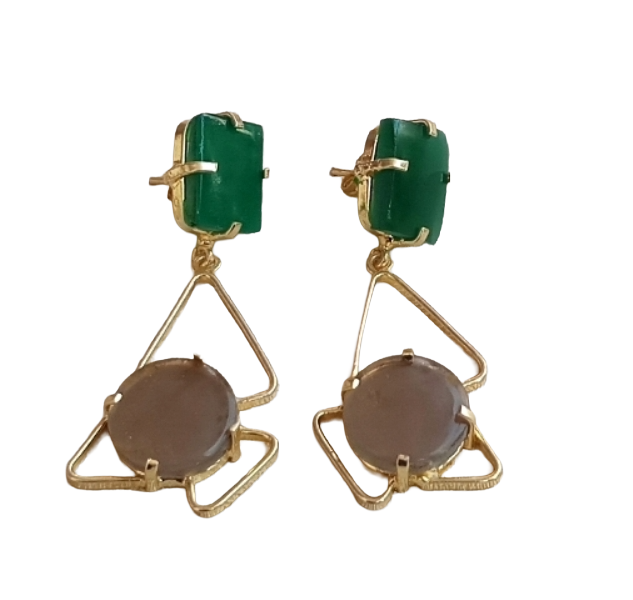 Elegant Handcrafted Green Onyx-Smoky Stone Gold Plated Earrings – Geometric Designer Drops