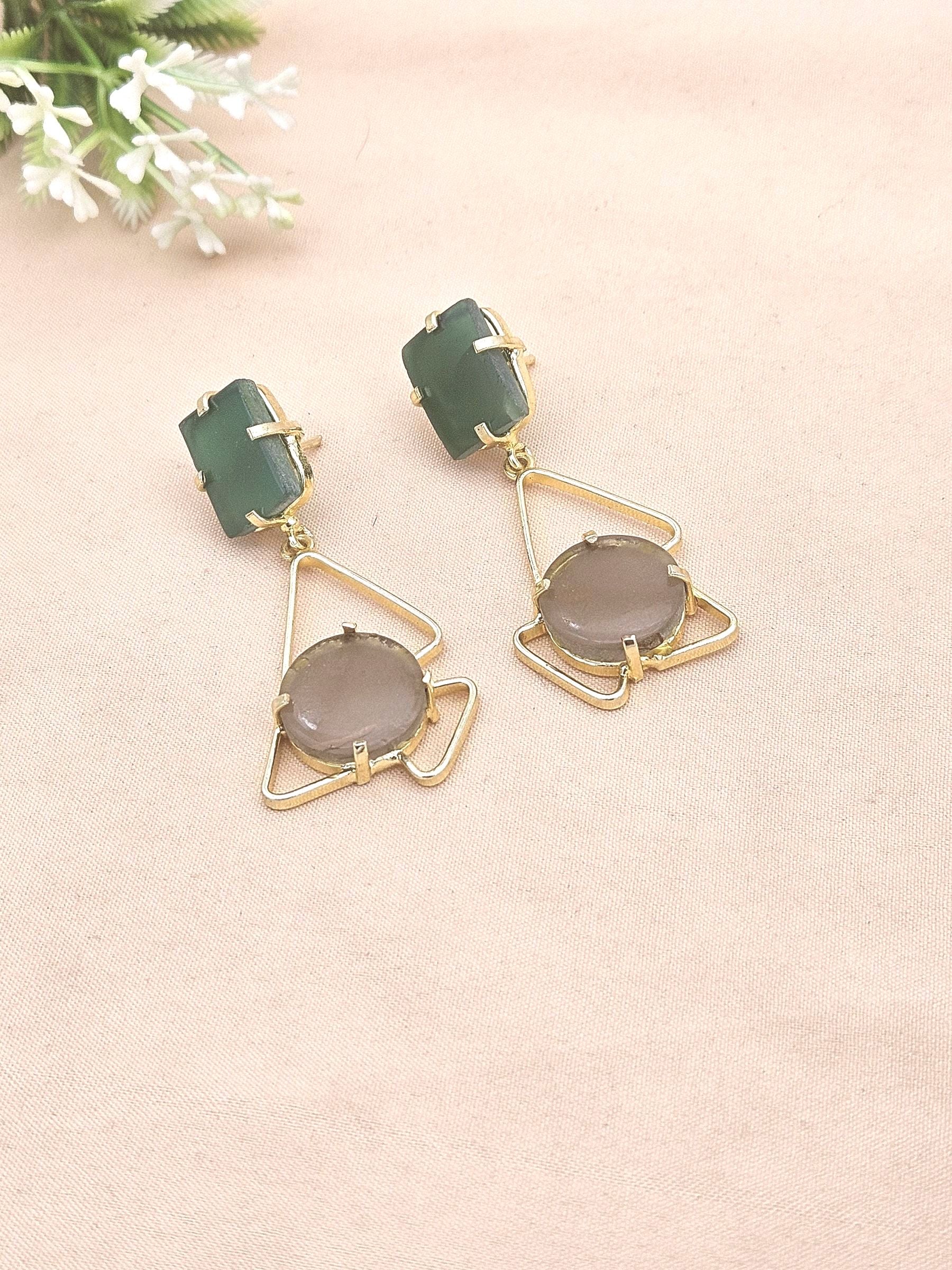 Elegant Handcrafted Green Onyx-Smoky Stone Gold Plated Earrings – Geometric Designer Drops