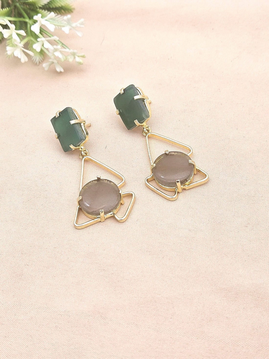 Elegant Handcrafted Green Onyx-Smoky Stone Gold Plated Earrings – Geometric Designer Drops