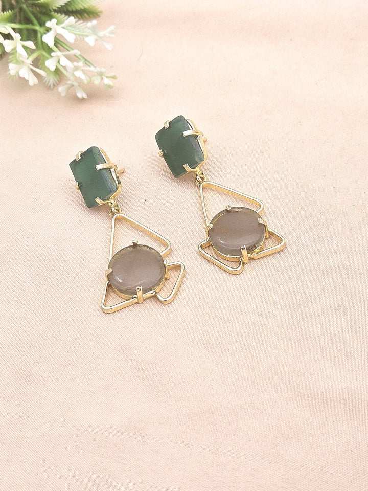 Elegant Handcrafted Green Onyx-Smoky Stone Gold Plated Earrings – Geometric Designer Drops