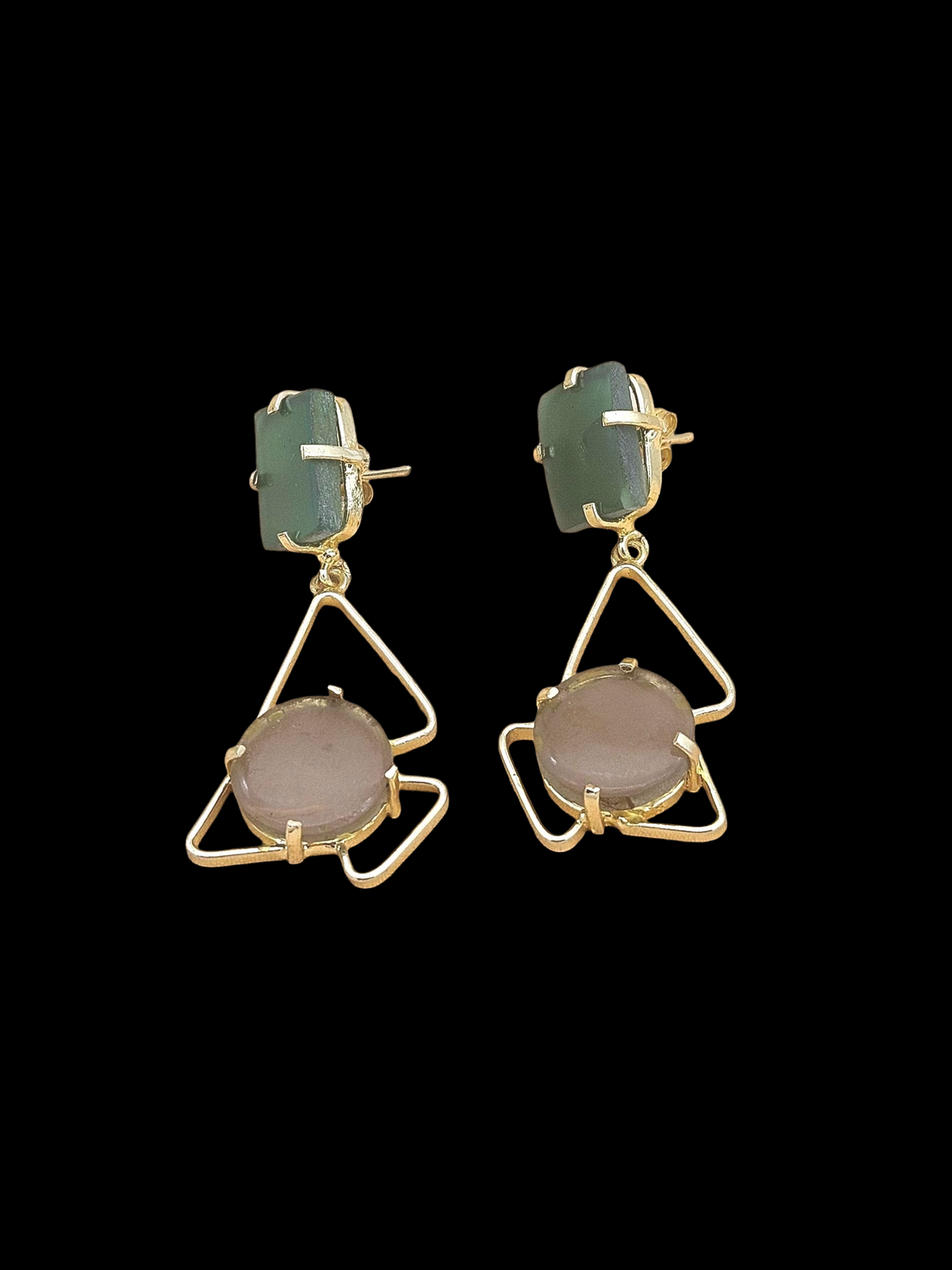 Elegant Handcrafted Green Onyx-Smoky Stone Gold Plated Earrings – Geometric Designer Drops