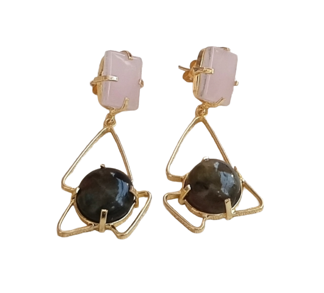 Elegant Handcrafted Rose Quartz-Labradorite Stone Gold Plated Earrings – Geometric Designer Drops