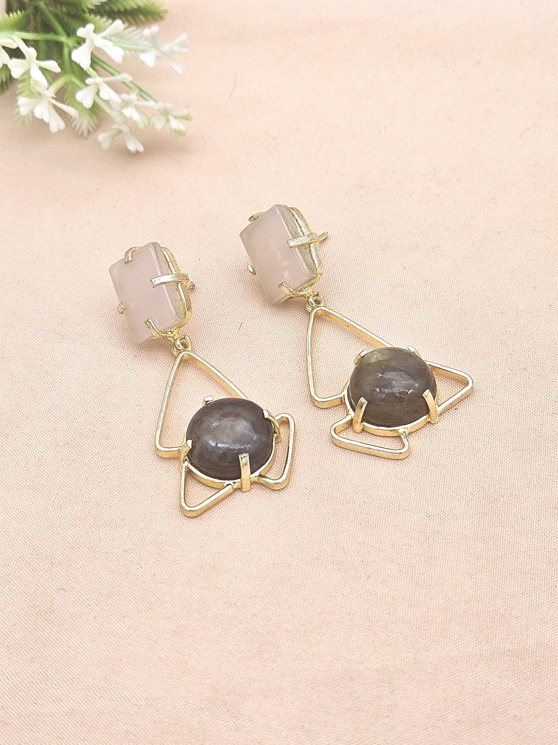 Elegant Handcrafted Rose Quartz-Labradorite Stone Gold Plated Earrings – Geometric Designer Drops