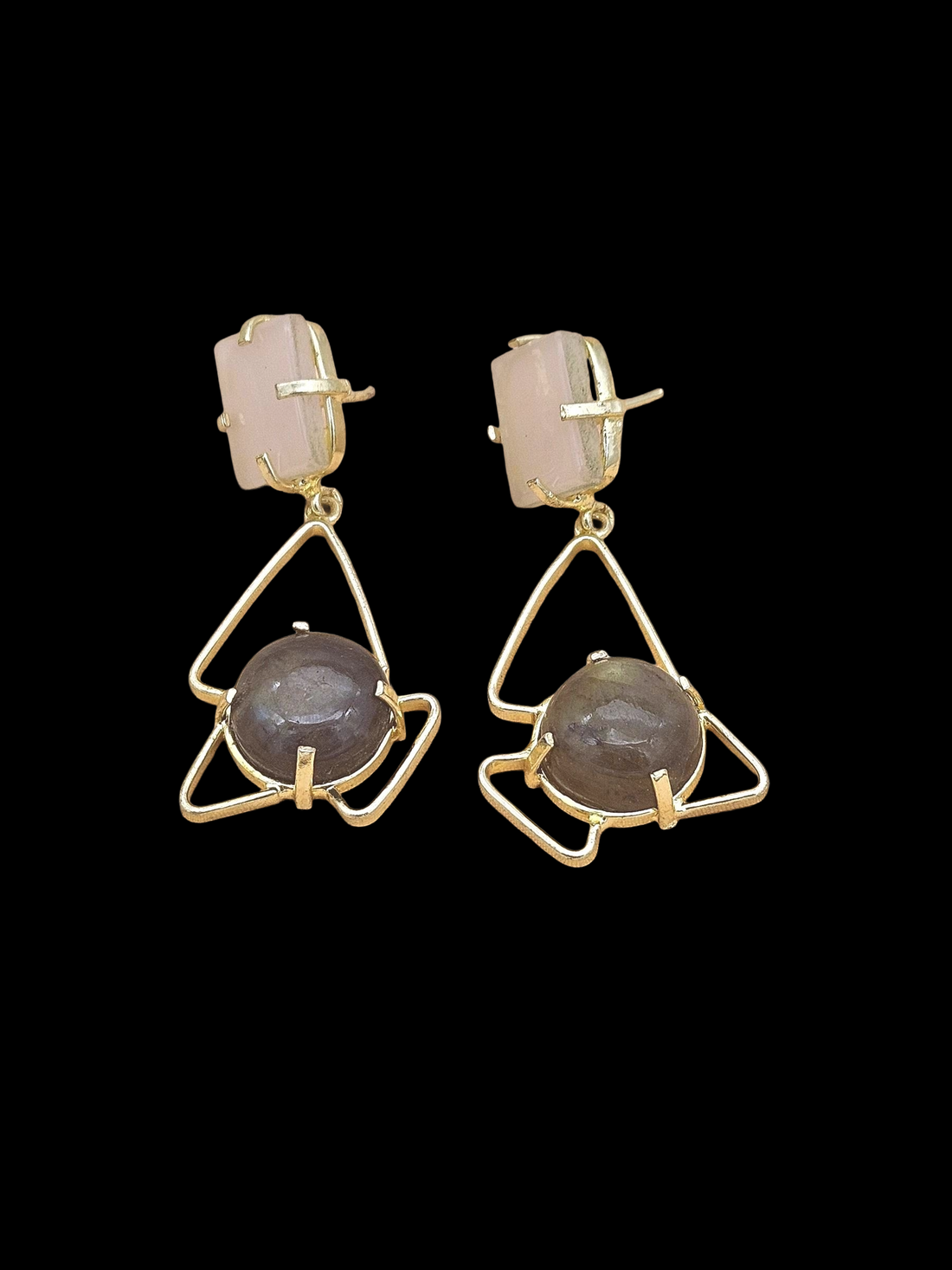 Elegant Handcrafted Rose Quartz-Labradorite Stone Gold Plated Earrings – Geometric Designer Drops