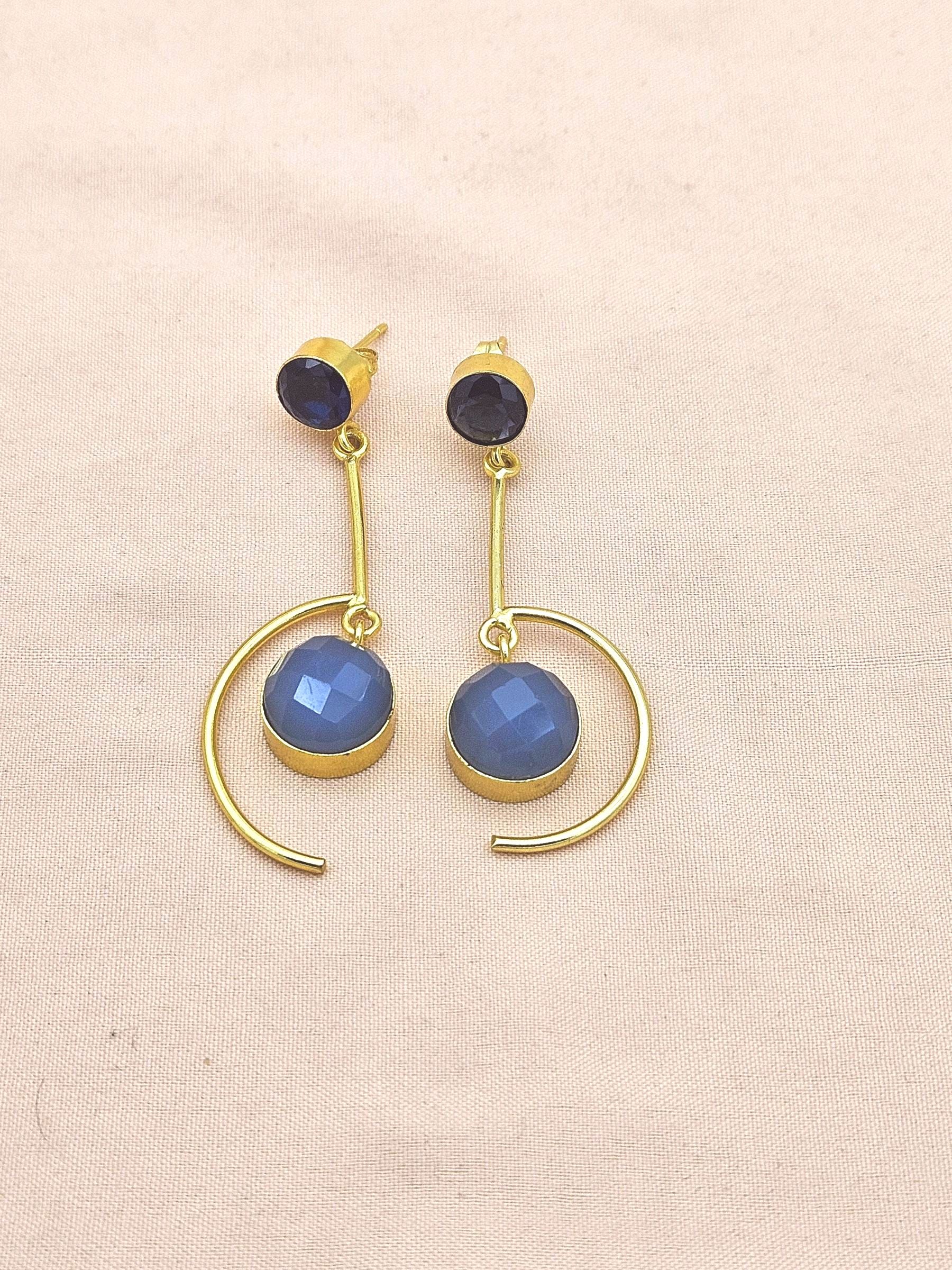 Handcrafted Blue Glass Chalcedony Earrings – Gold Plated Lightweight Designer Jewelry for Women