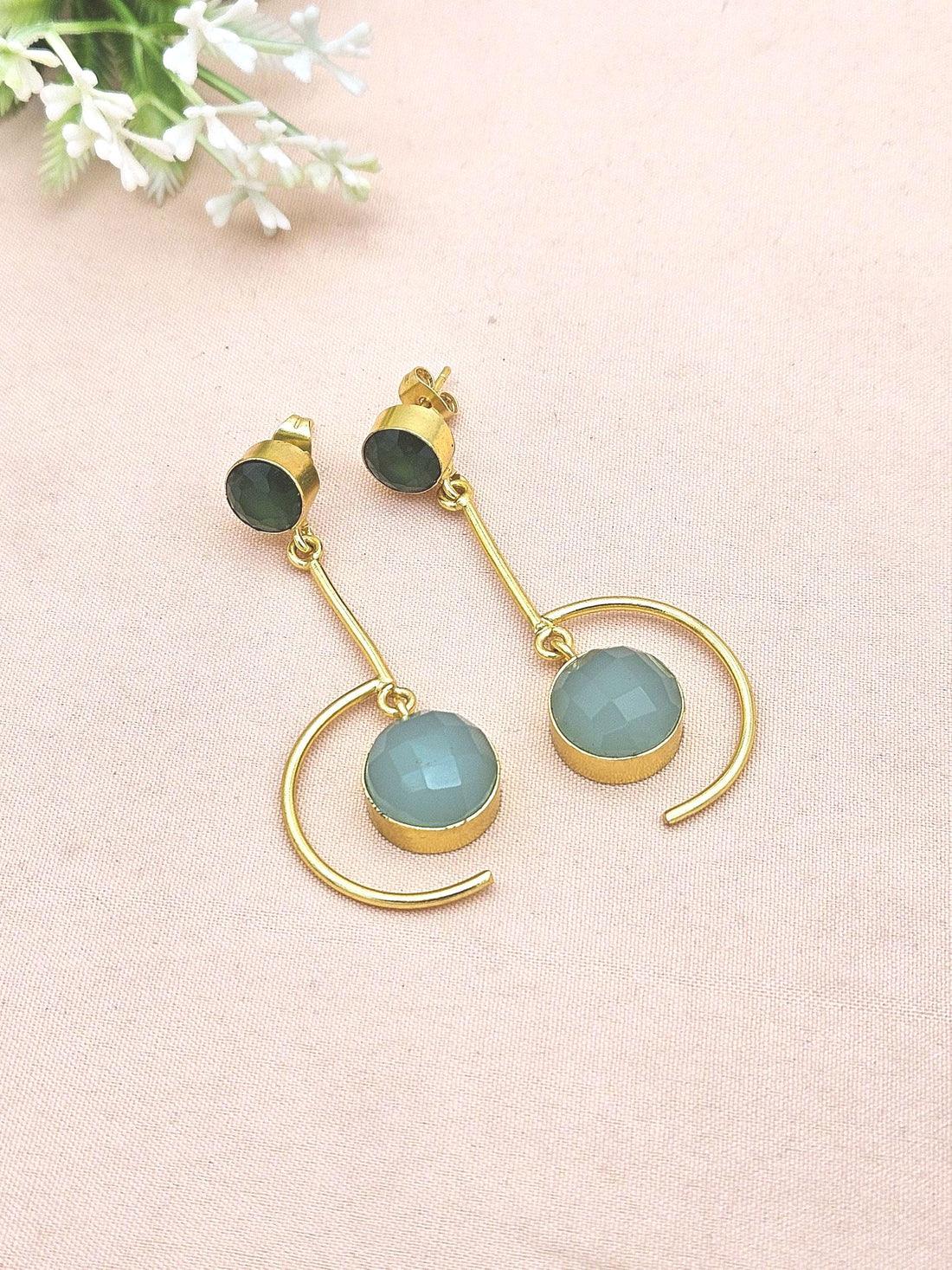 Handcrafted Green Onyx-Aquamarine Earrings – Gold Plated Lightweight Designer Jewelry for Women