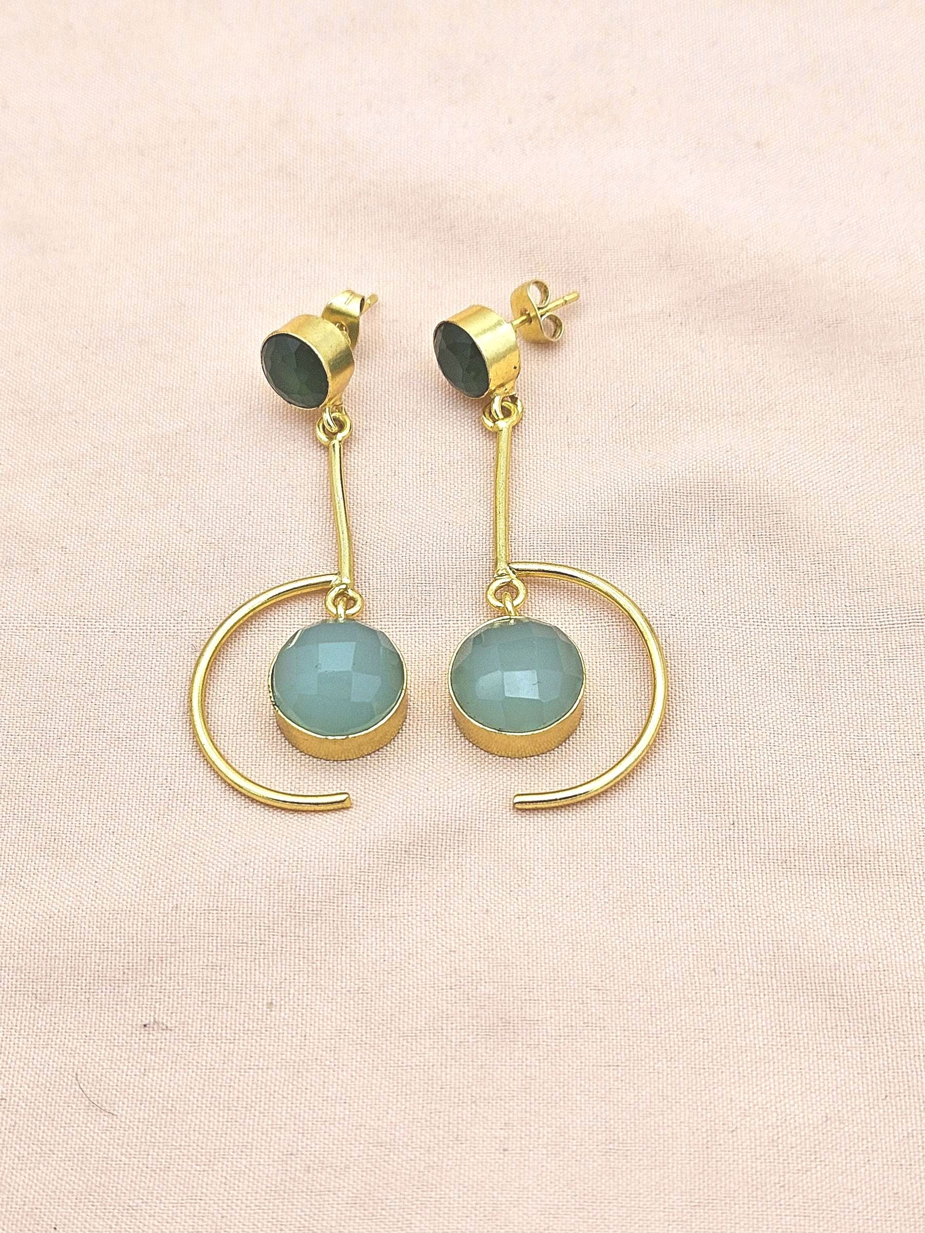 Handcrafted Green Onyx-Aquamarine Earrings – Gold Plated Lightweight Designer Jewelry for Women