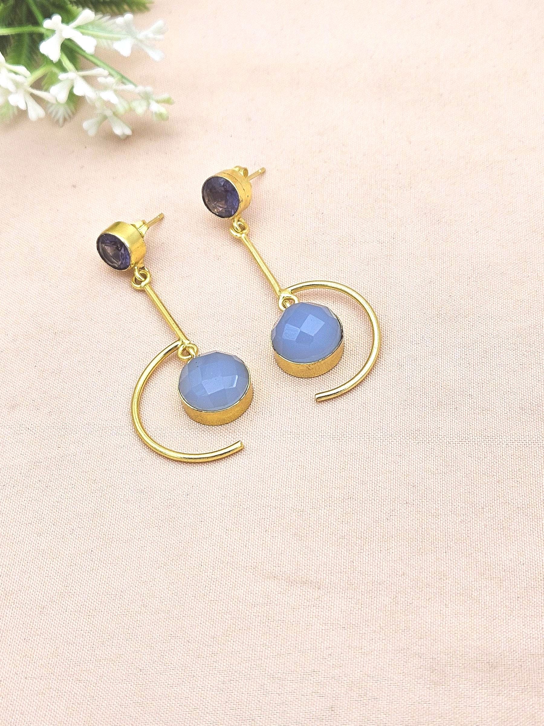 Handcrafted Chalcedony-Purple Glass Earrings – Gold Plated Lightweight Designer Jewelry for Women