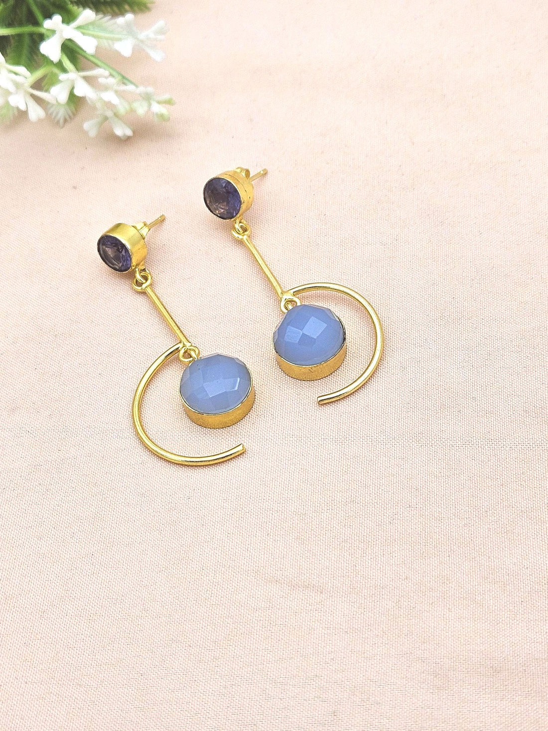 Handcrafted Chalcedony-Purple Glass Earrings – Gold Plated Lightweight Designer Jewelry for Women