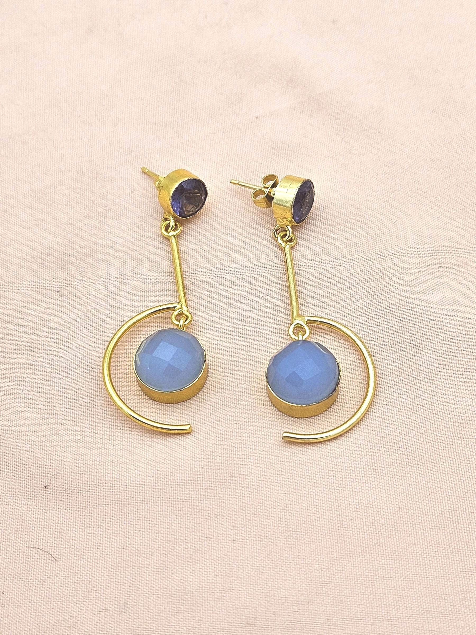 Handcrafted Chalcedony-Purple Glass Earrings – Gold Plated Lightweight Designer Jewelry for Women