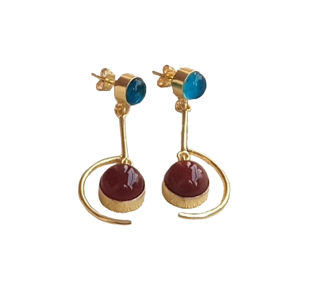 Handcrafted Blue Glass Red Onyx Earrings – Gold Plated Lightweight Designer Jewelry for Women