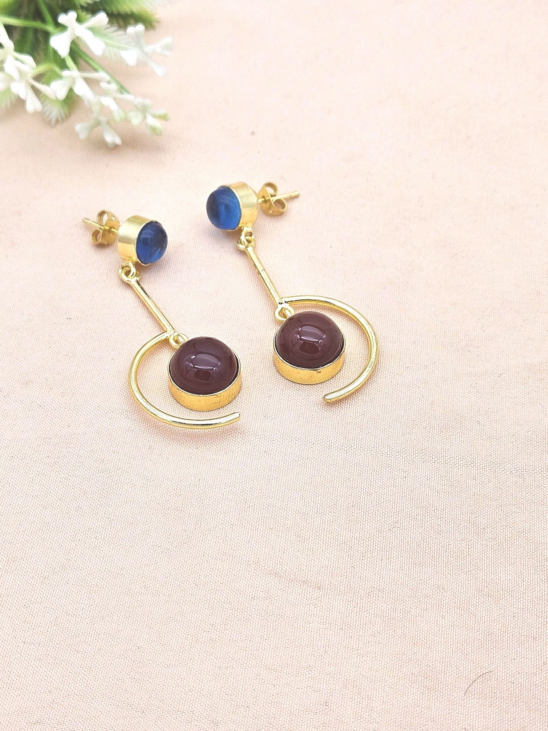 Handcrafted Blue Glass Red Onyx Earrings – Gold Plated Lightweight Designer Jewelry for Women