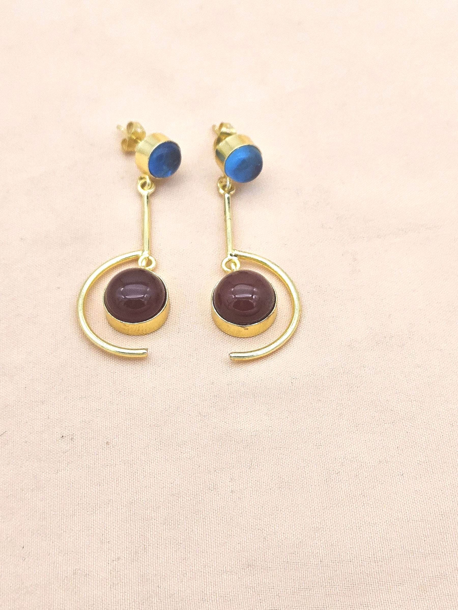 Handcrafted Blue Glass Red Onyx Earrings – Gold Plated Lightweight Designer Jewelry for Women