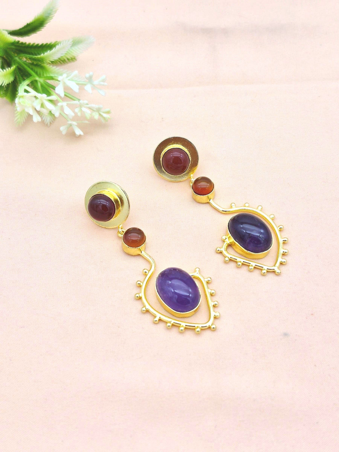 Charming Gold Plated Dangle Earrings – Semi Precious Stone Light weight Jewelry