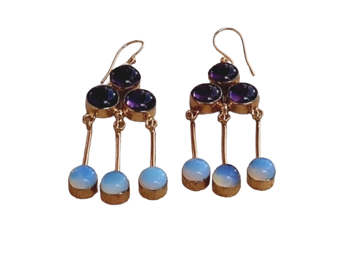 Gorgeous Gold Plated Dangle Earrings –Amethyst-Synthetic Opal Gemstone Jewelry