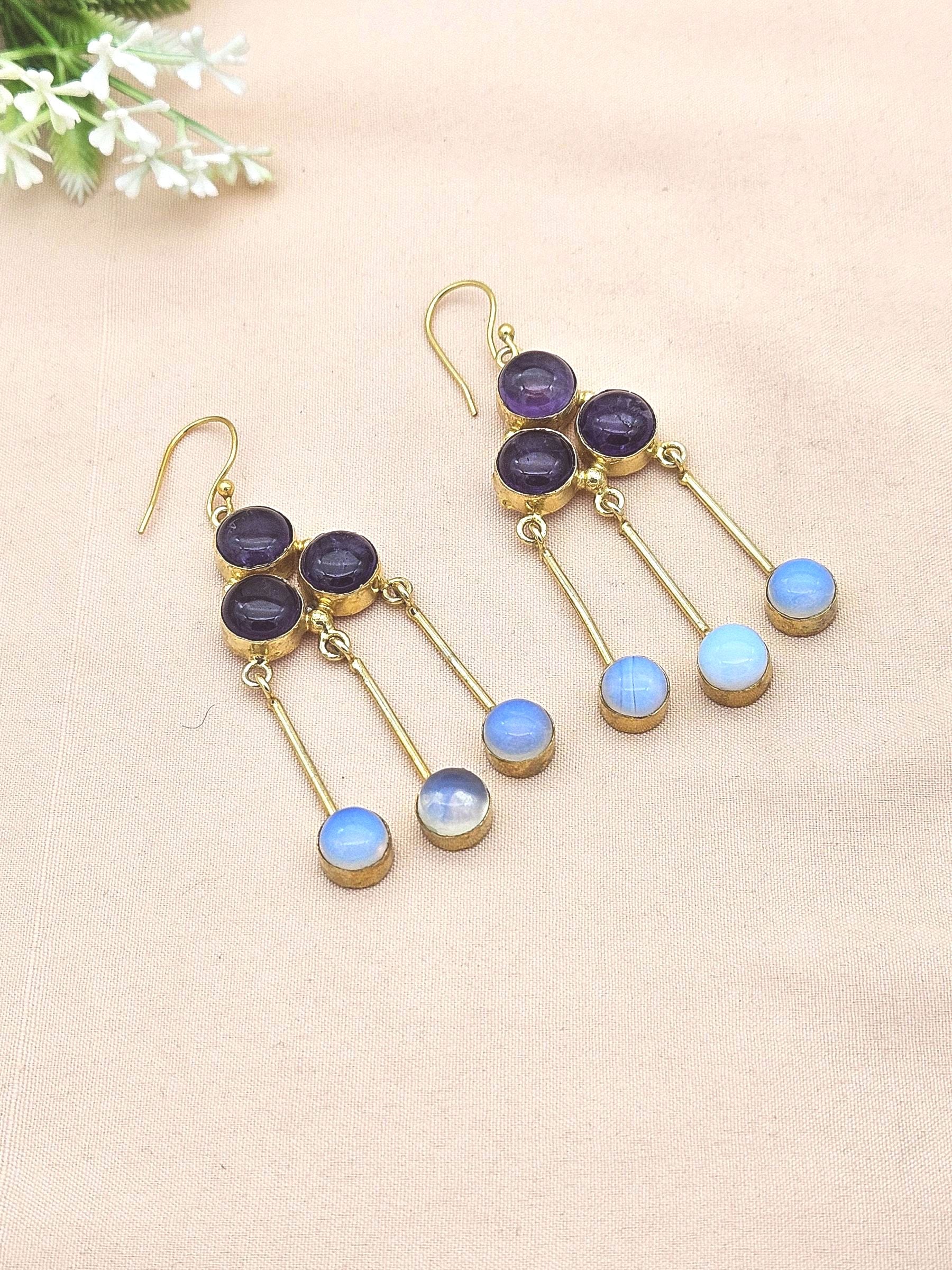 Gorgeous Gold Plated Dangle Earrings –Amethyst-Synthetic Opal Gemstone Jewelry