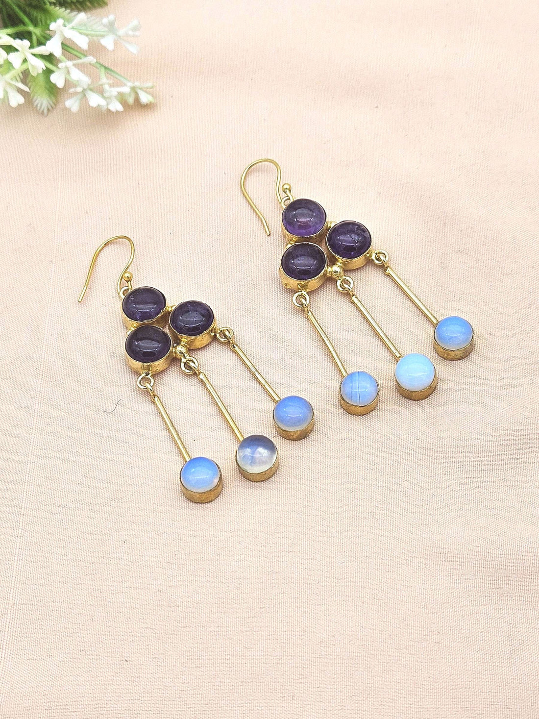Gorgeous Gold Plated Dangle Earrings –Amethyst-Synthetic Opal Gemstone Jewelry