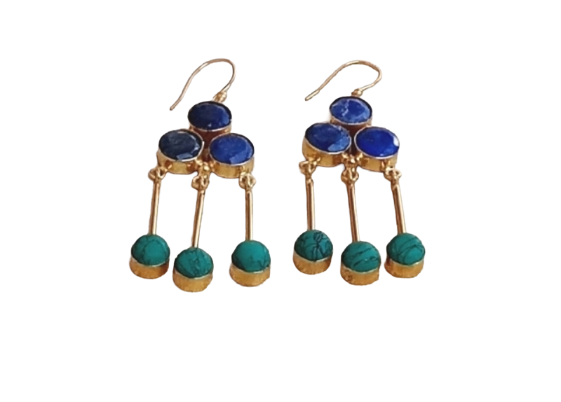 Gorgeous Gold Plated Dangle Earrings –Lapis-Turquoise Gemstone Jewelry