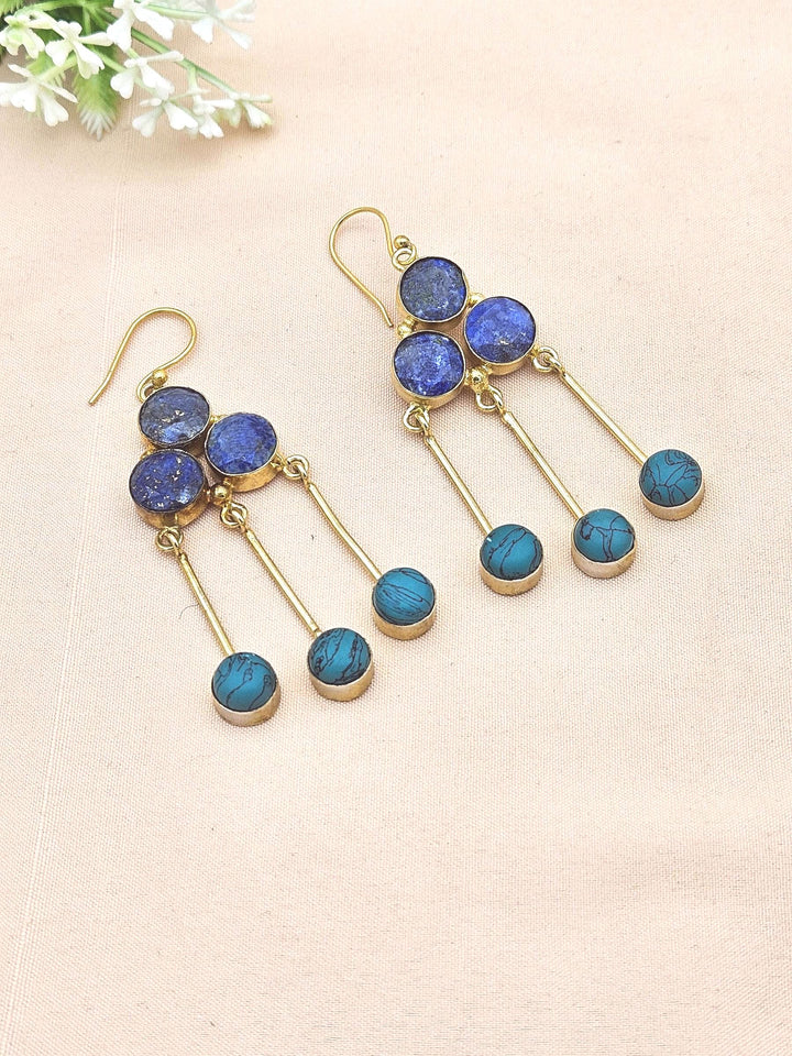 Gorgeous Gold Plated Dangle Earrings –Lapis-Turquoise Gemstone Jewelry