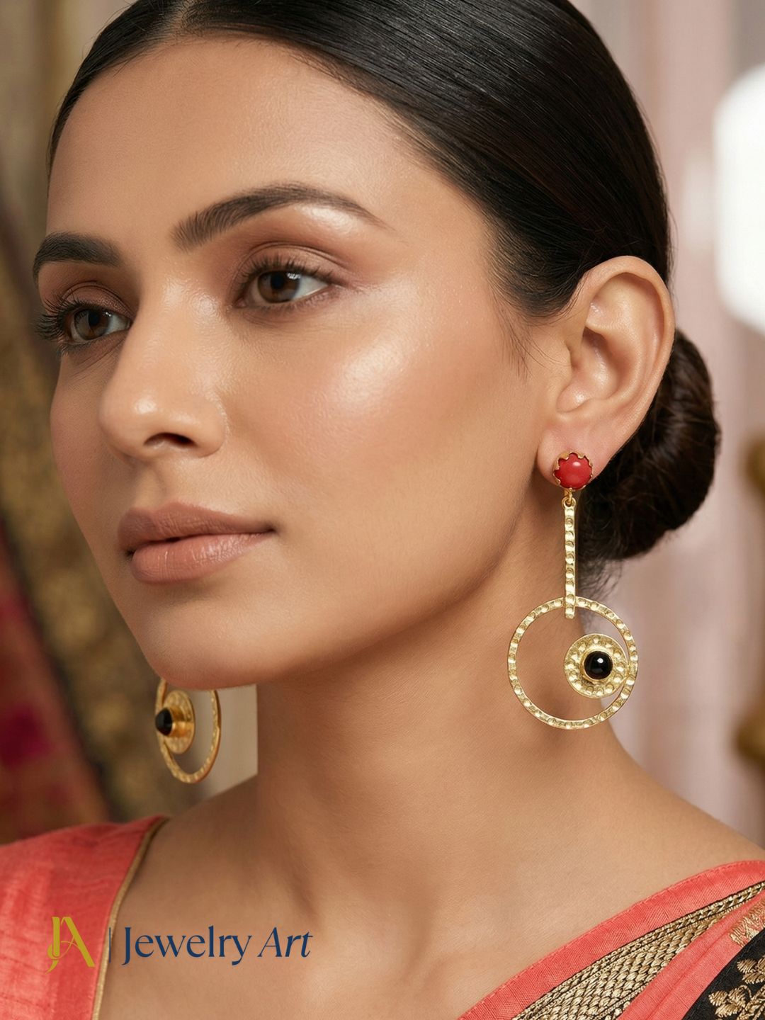 Unique handmade earrings with coral and black onyx gemstone fusion look

