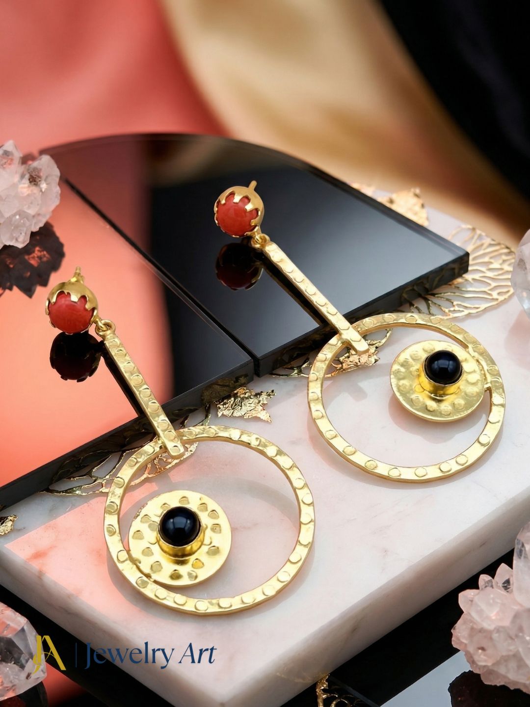 Awesome Gold Plated Dangle Earring -Coral-Black Onyx stone Designer  Handcrafted Jewelry