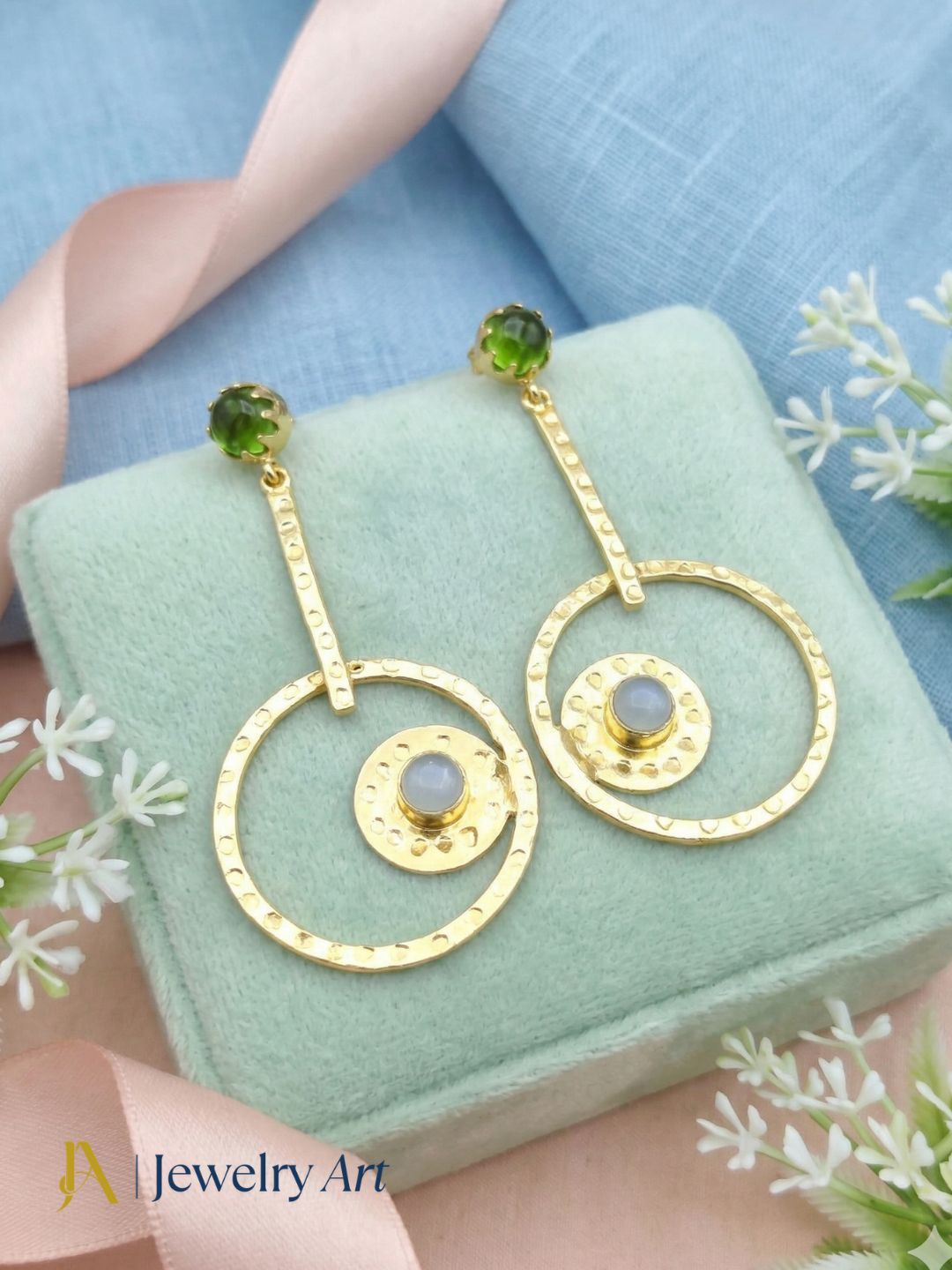 Awesome Gold Plated Dangle Earring -Green Glass-Aquamarine stone Designer  Handcrafted Jewelry
