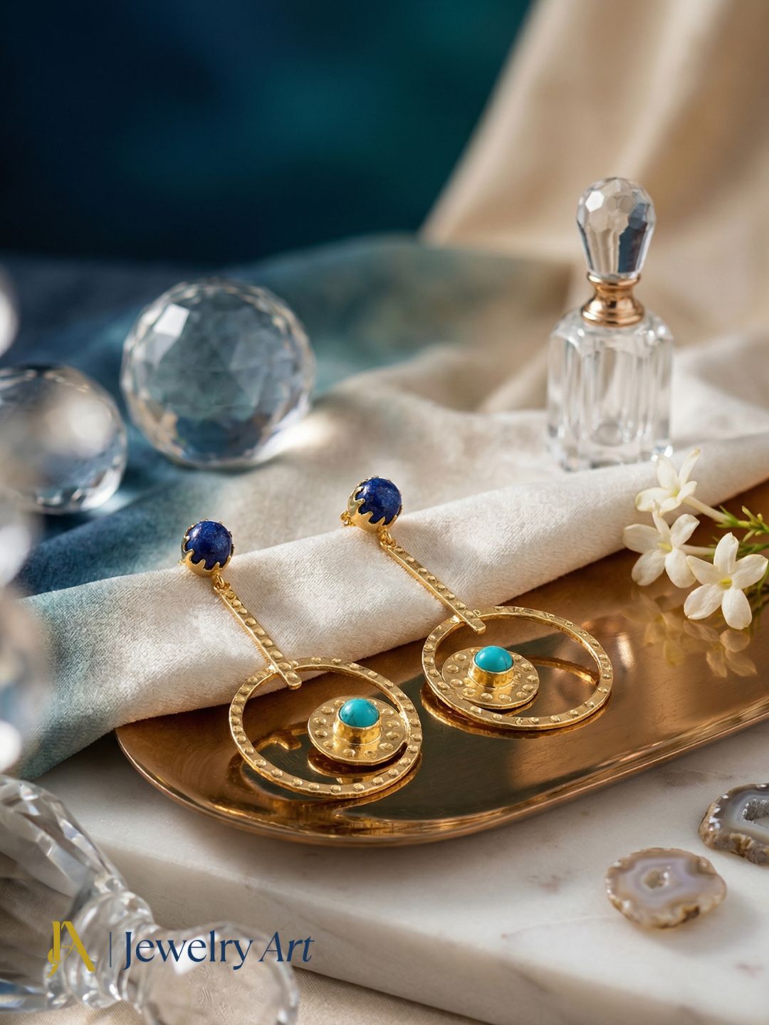Awesome Gold Plated Dangle Earring -Lapis-Synthetic Turquoise stone Designer  Handcrafted Jewelry