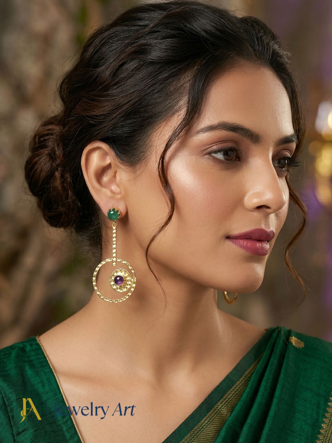 Modern gold plated earrings with dual stones green onyx amethyst designer style
