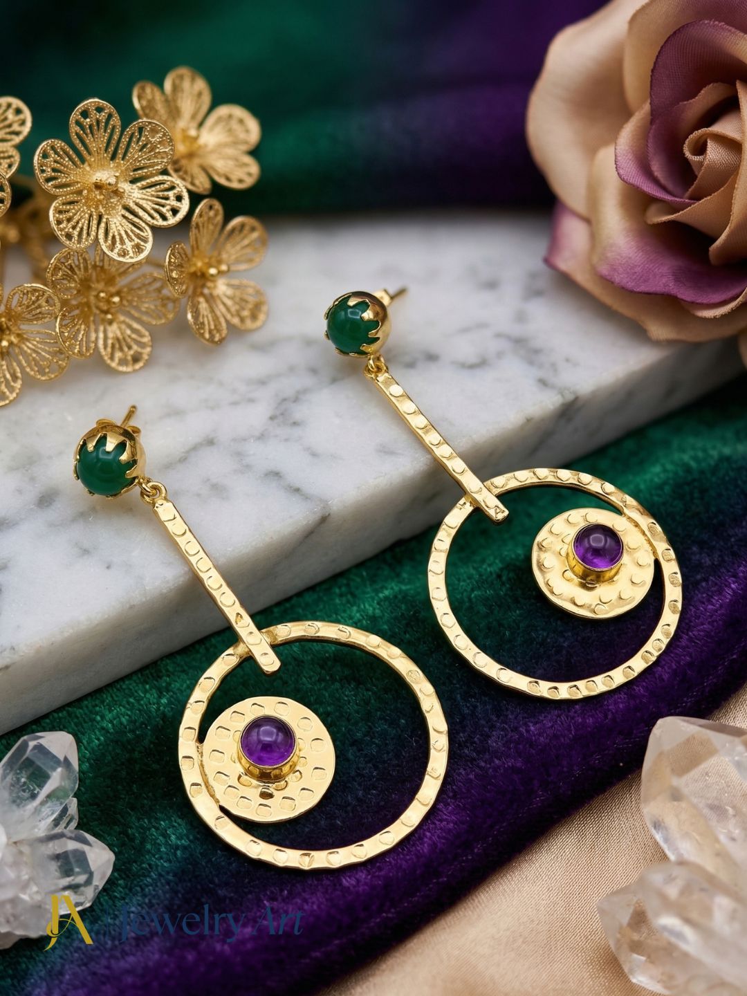 Awesome Gold Plated Dangle Earring -Green Onyx-Amethyst stone Designer  Handcrafted Jewelry