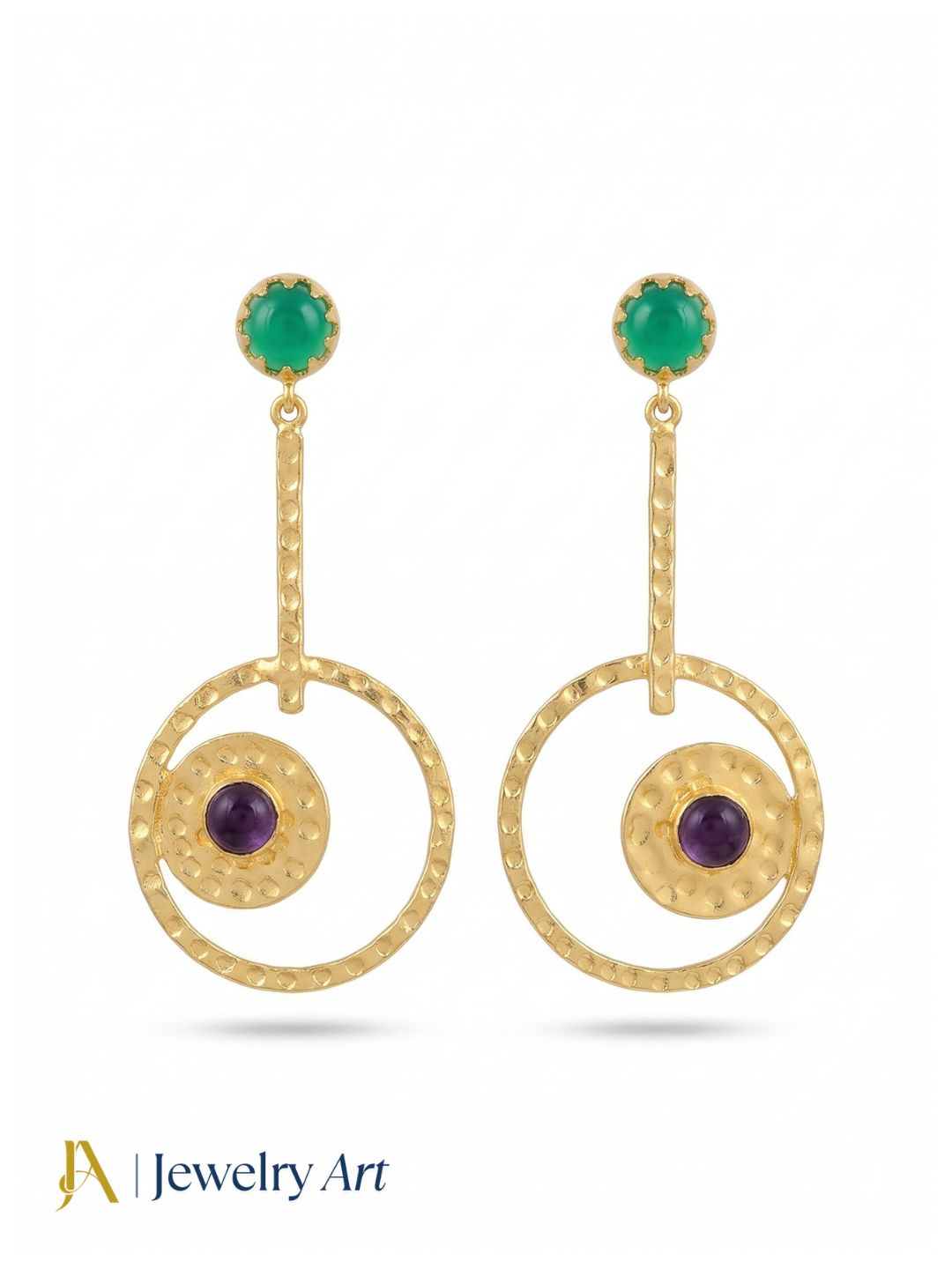 Awesome Gold Plated Dangle Earring -Green Onyx-Amethyst stone Designer  Handcrafted Jewelry