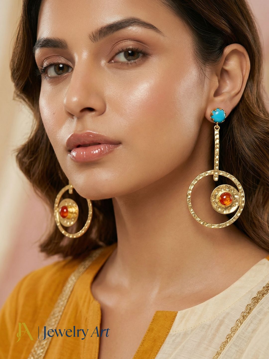 Premium gold plated earrings with red onyx and turquoise layered design
