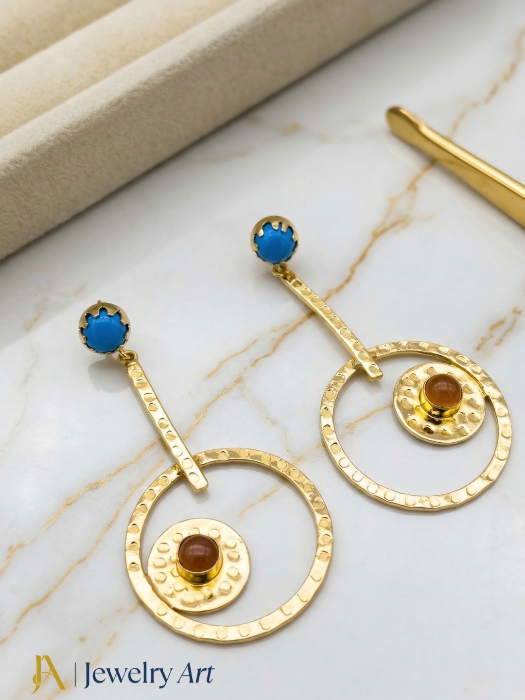Awesome Gold Plated Dangle Earring -Red Onyx-Turquoise stone Designer  Handcrafted Jewelry