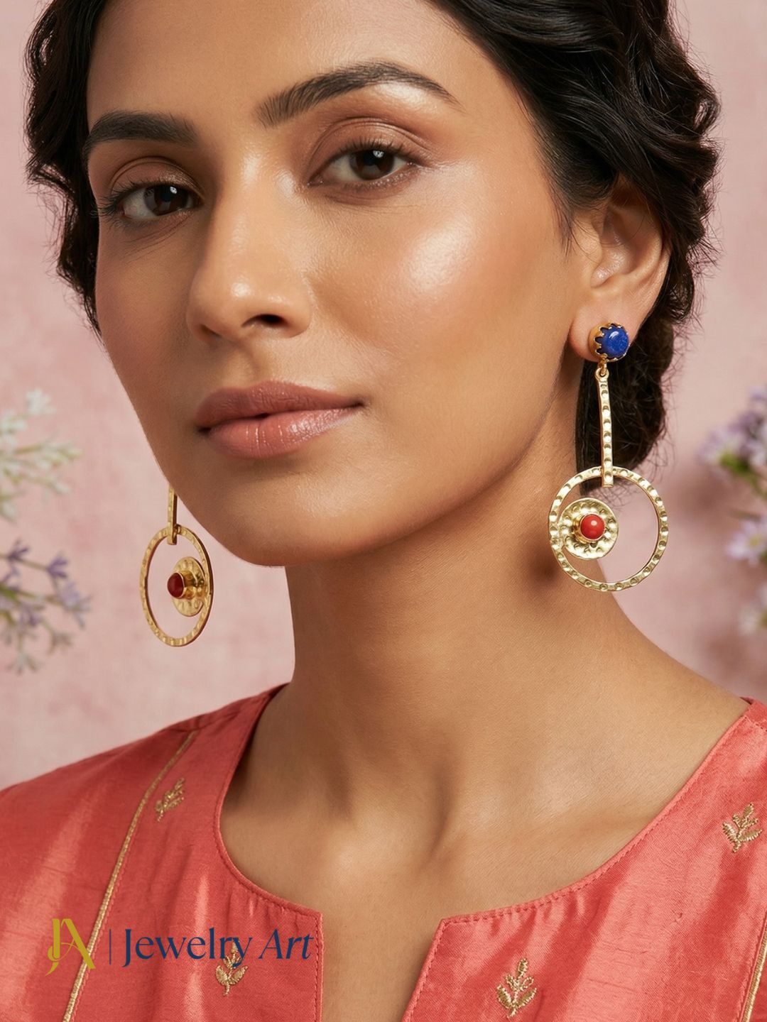 Statement gold plated earrings with coral and blue glass bold color mix
