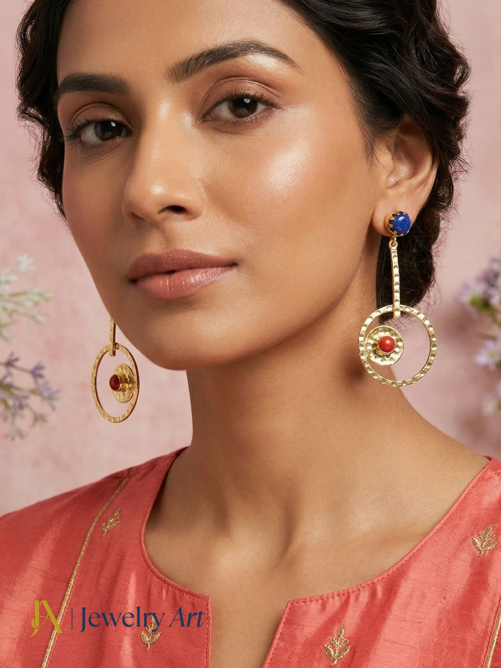 Statement gold plated earrings with coral and blue glass bold color mix
