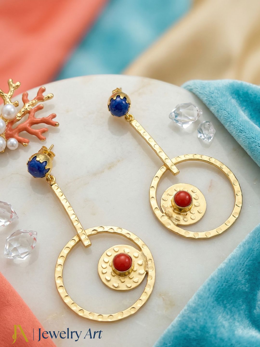 Awesome Gold Plated Dangle Earring -Coral Blue Glass stone Designer  Handcrafted Jewelry