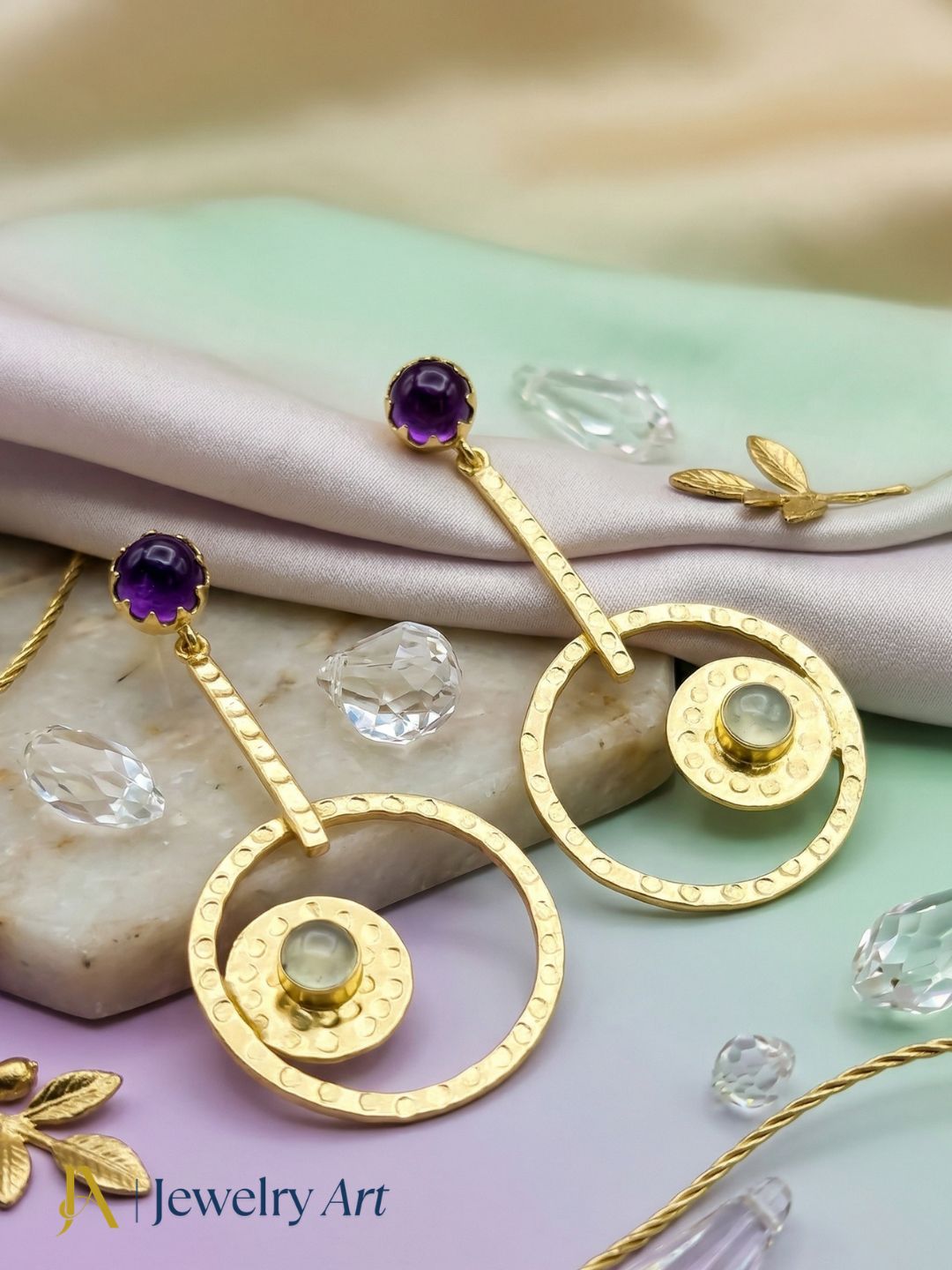 Awesome Gold Plated Dangle Earring -Amethyst-Prehnite stone Designer  Handcrafted Jewelry