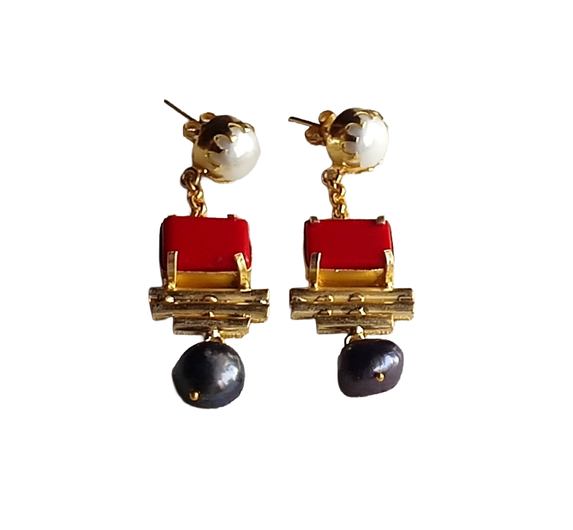 Gold Plated  Coral-Pearl-Black Glass Earrings – Handcrafted Prong Set Designer Dangle Jewelry